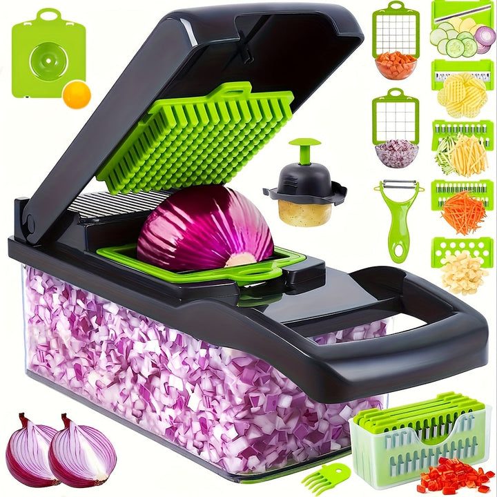 Vegetable Chopper Manual 16-in-1 | 8 Interchangeable Blades, Container &amp; Strainer | Dice, Slice, Julienne Without Electricity 1