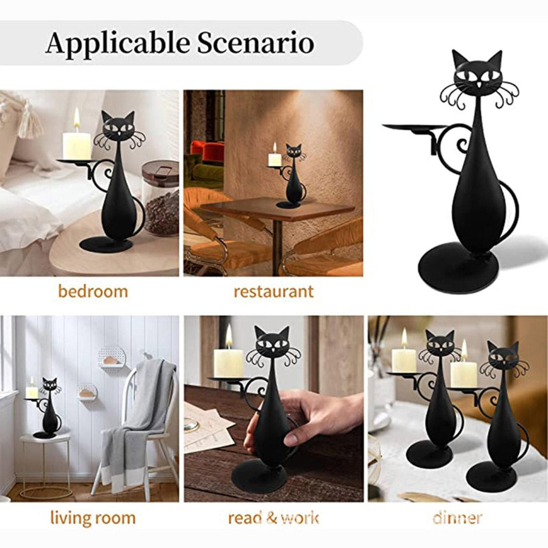 Black Cat Candle Holder Iron | Raised Tail Handle Design with Textured Fur Detail | Holds Tealights Votives Pillar Candles 7