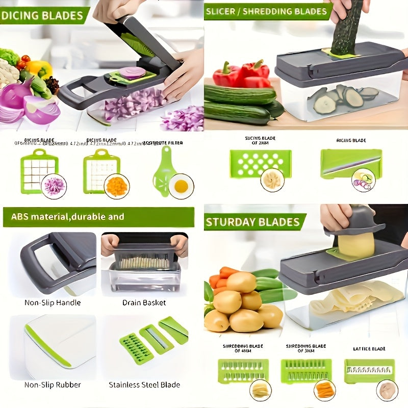 Vegetable Chopper Manual 16-in-1 | 8 Interchangeable Blades, Container &amp; Strainer | Dice, Slice, Julienne Without Electricity 7