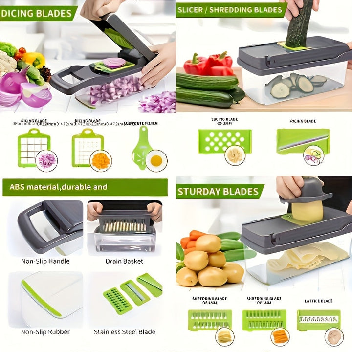 Vegetable Chopper Manual 16-in-1 | 8 Interchangeable Blades, Container &amp; Strainer | Dice, Slice, Julienne Without Electricity 7