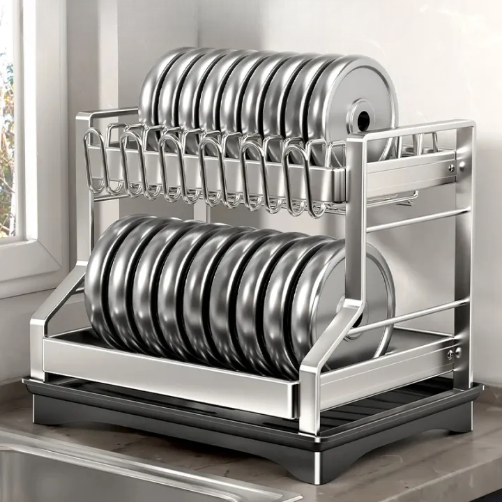 Two-Tier Dish Rack Carbon Steel 46.5 x 26 x 23.5 cm | Black or White | Integrated Drain Pipe, Cutlery Holder, No Assembly 4