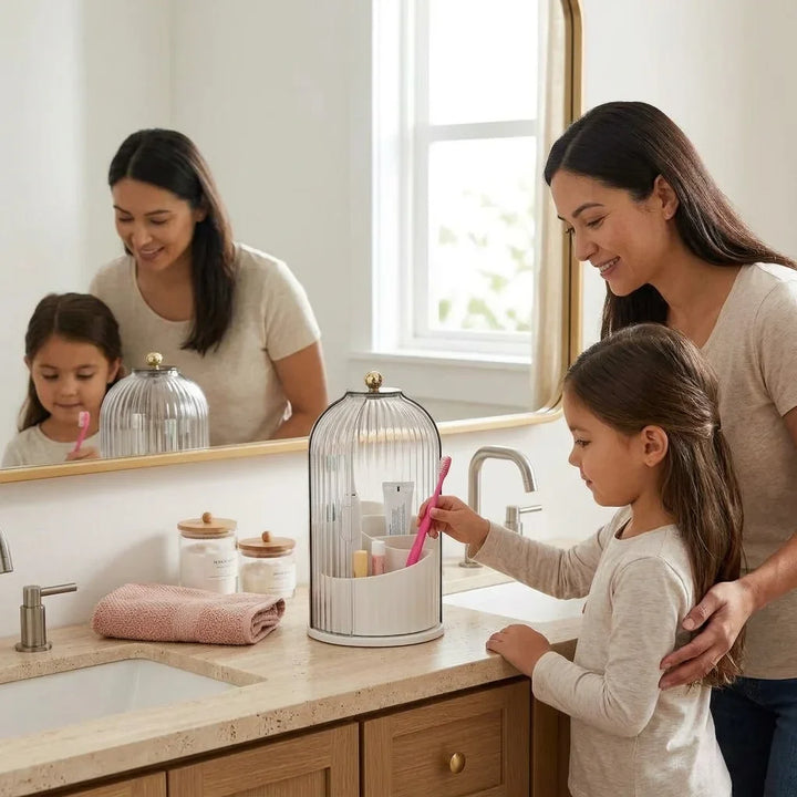 Covered Toothbrush Holder Vanity Organiser | 360-Degree Rotating Tray &amp; Sealed Dust-Proof Dome | Holds 7 Bathroom Accessories 6