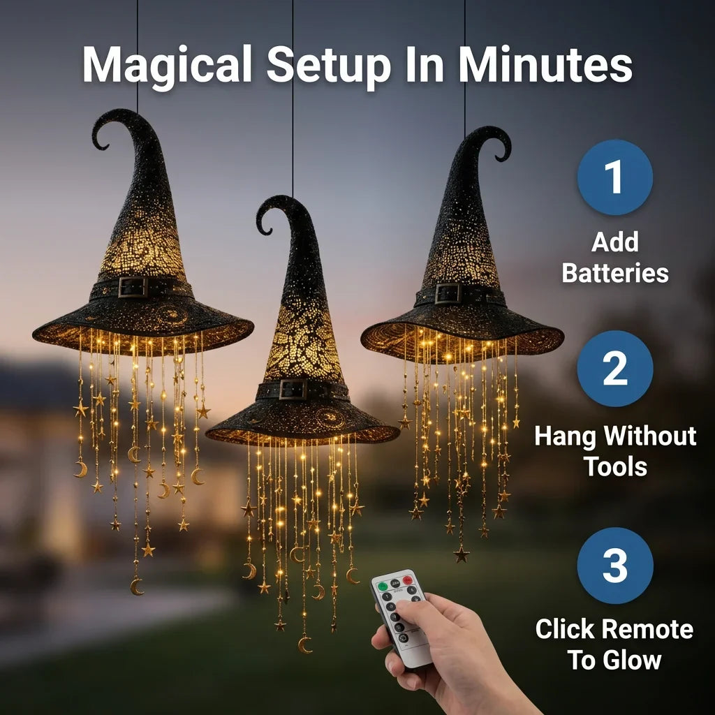 Hanging Witch Hat Light Halloween Decoration | Cascading LED Stars &amp; Moons | Battery-Powered, Glows Up to 30 Days 3