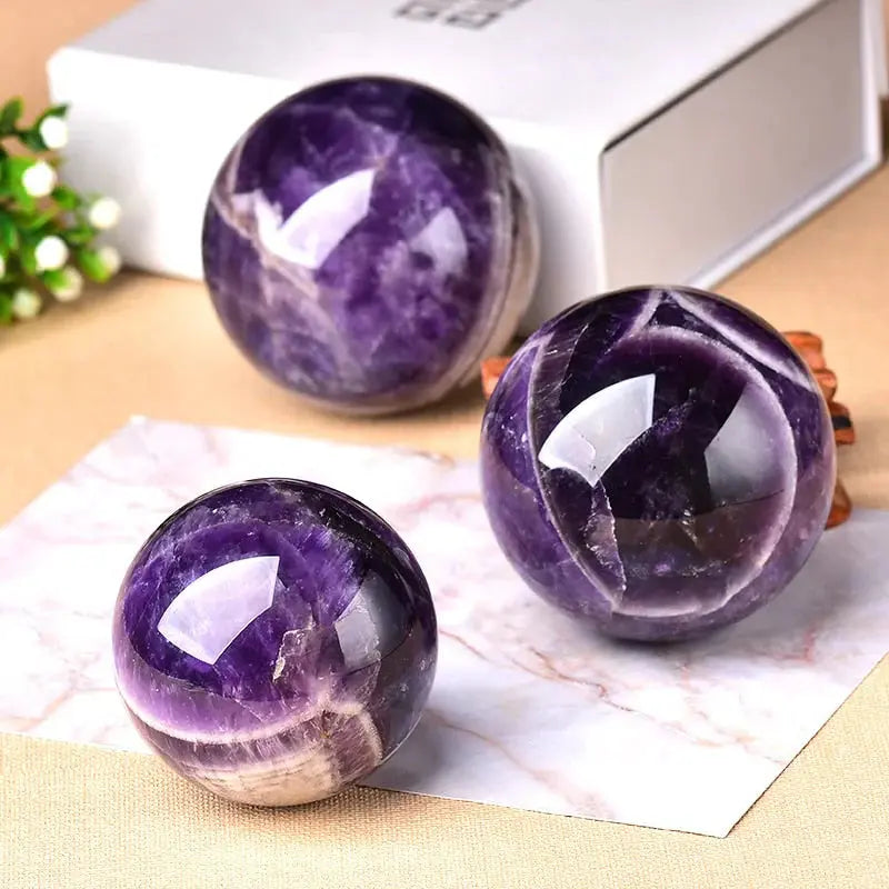 Amethyst Sphere Natural Crystal Ball | Hand-Polished Finish with Wooden Stand &amp; Gift Box | Unique Veined Décor Piece 2