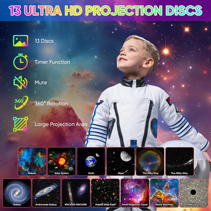 Star Projector Light 360° Rotation | 12 HD Film Discs, Adjustable Colours | Quiet LED with Timer, Black or White 2