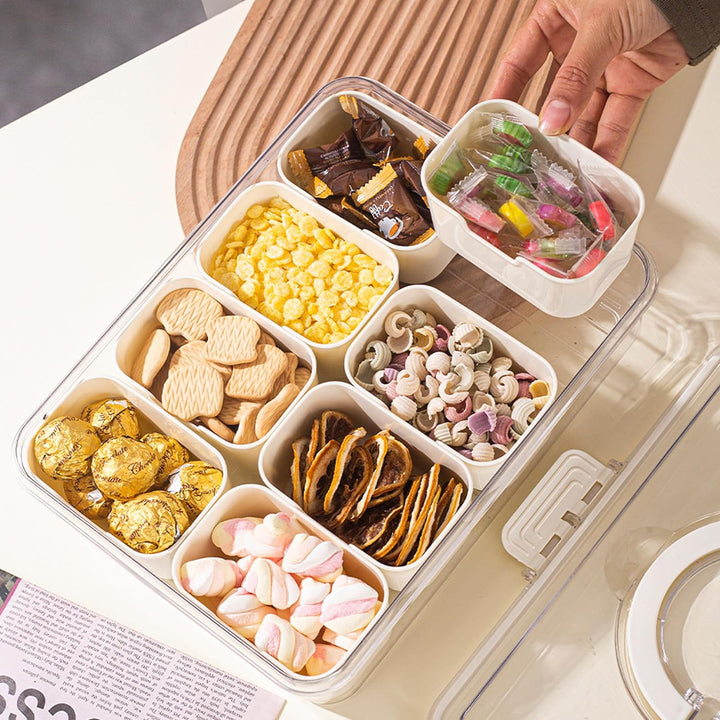 Divided Serving Tray with Handle, Food-Grade Plastic | 8 Compartments, Snap Buckle Seal | Fridge-Freezer Safe -20 to 60°C 8