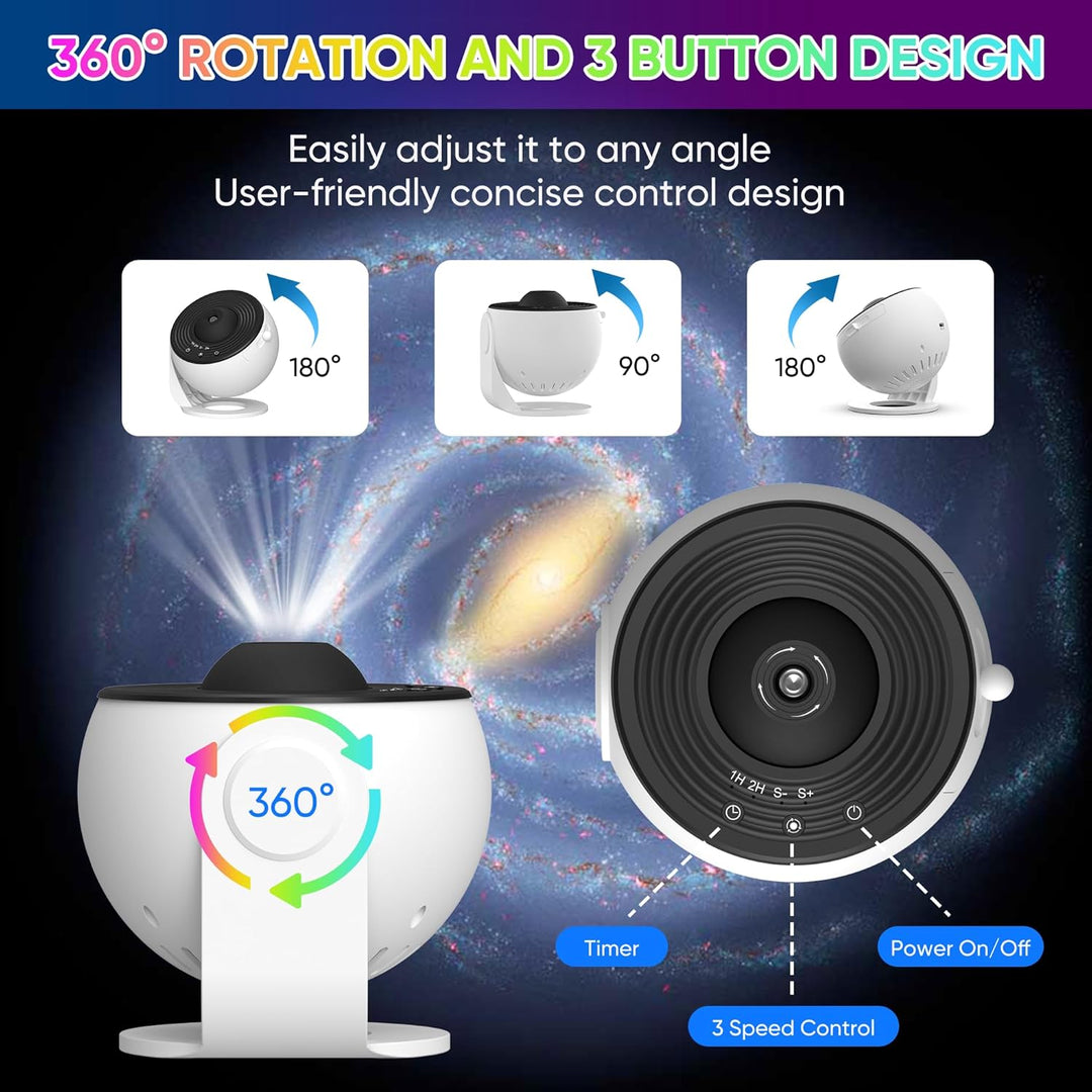 Star Projector Light 360° Rotation | 12 HD Film Discs, Adjustable Colours | Quiet LED with Timer, Black or White 7