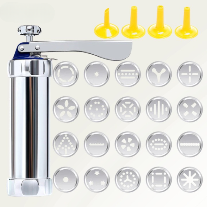 Cookie Press Mould Set Aluminium | 20 Templates & 4 Piping Nozzles | Adjustable Size Dial for Uniform, Evenly Portioned Cookies 2