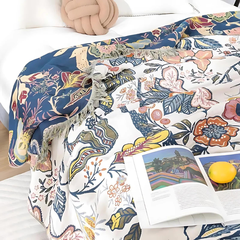Boho Reversible Floral Throw Blanket Tasselled Edges 6