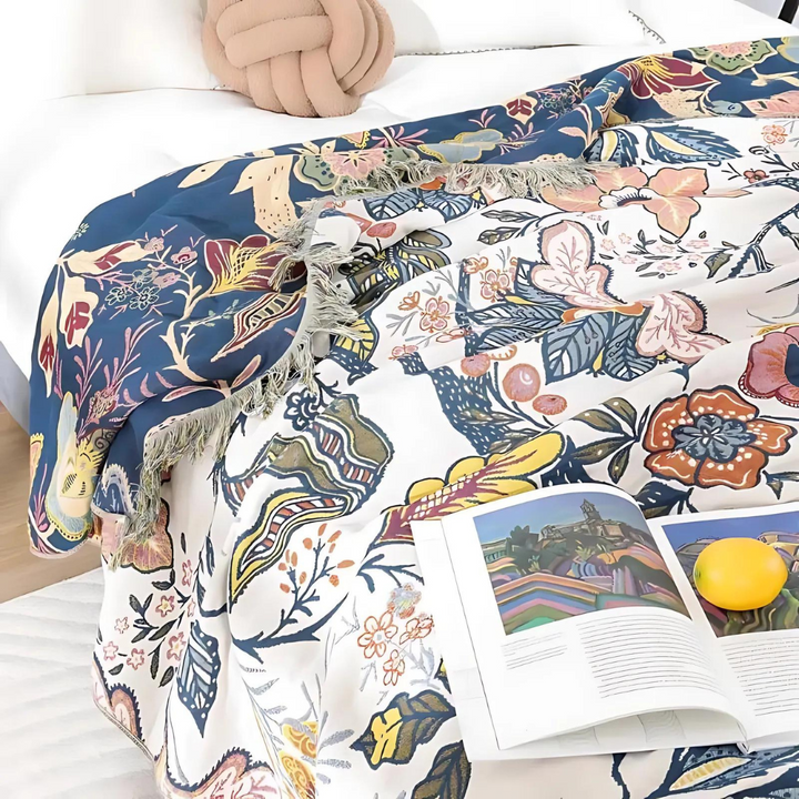 Boho Reversible Floral Throw Blanket Tasselled Edges 6