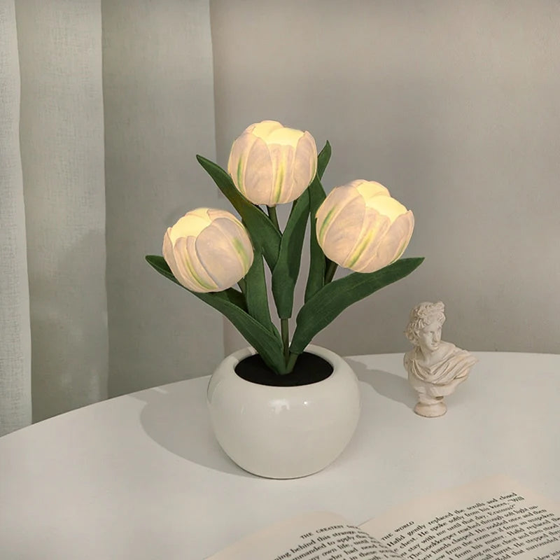 Mood Lighting Table Lamp Tulip Ceramic Pot USB Powered with Warm Glow 18