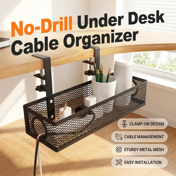 No-Drill Under-Desk Cable Management Tray Mesh Clamp Mount 1