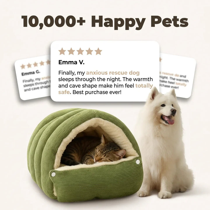 Covered Pet Cave Bed with Plush Fleece Lining | Orthopedic Cotton Cushioning | Warm Enclosed Retreat for Cats and Dogs 7