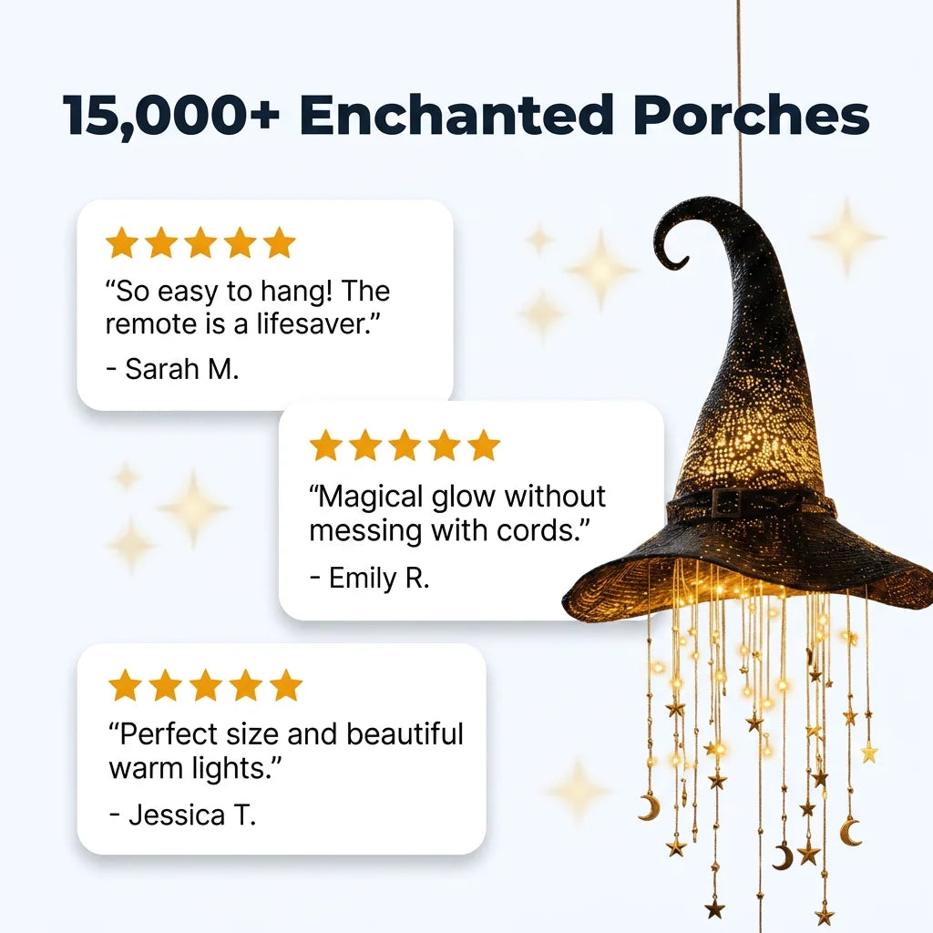 Hanging Witch Hat Light Halloween Decoration | Cascading LED Stars &amp; Moons | Battery-Powered, Glows Up to 30 Days 8