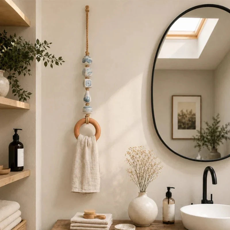 Towel Hanger Rustic Wall Mounted Wood Jute Lightweight with Ceramic Beads 14