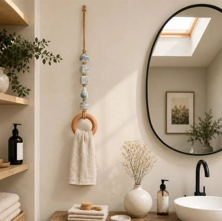 Towel Hanger Rustic Wall Mounted Wood Jute Lightweight with Ceramic Beads 14
