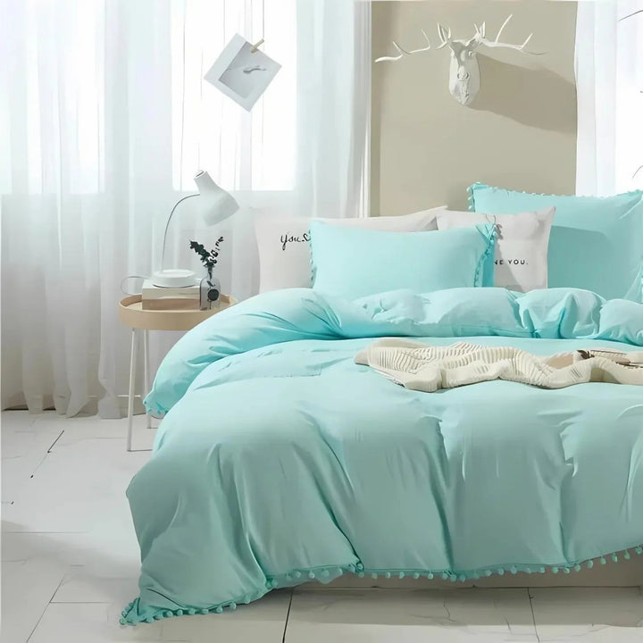 Quilt Cover Set with Pompom Trim | Single, Double, Queen, King, 10 Colours | Oversized Fit, Matching Pillowcases Included 9