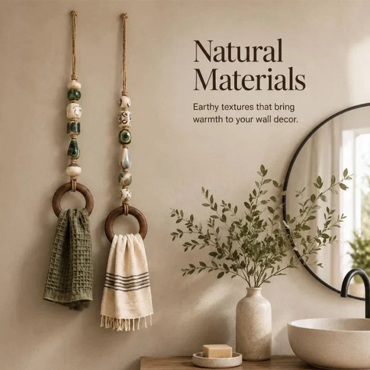 Towel Hanger Rustic Wall Mounted Wood Jute Lightweight with Ceramic Beads 6
