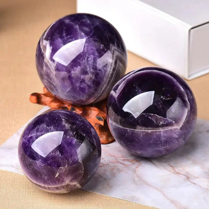 Amethyst Sphere Natural Crystal Ball | Hand-Polished Finish with Wooden Stand &amp; Gift Box | Unique Veined Décor Piece 4