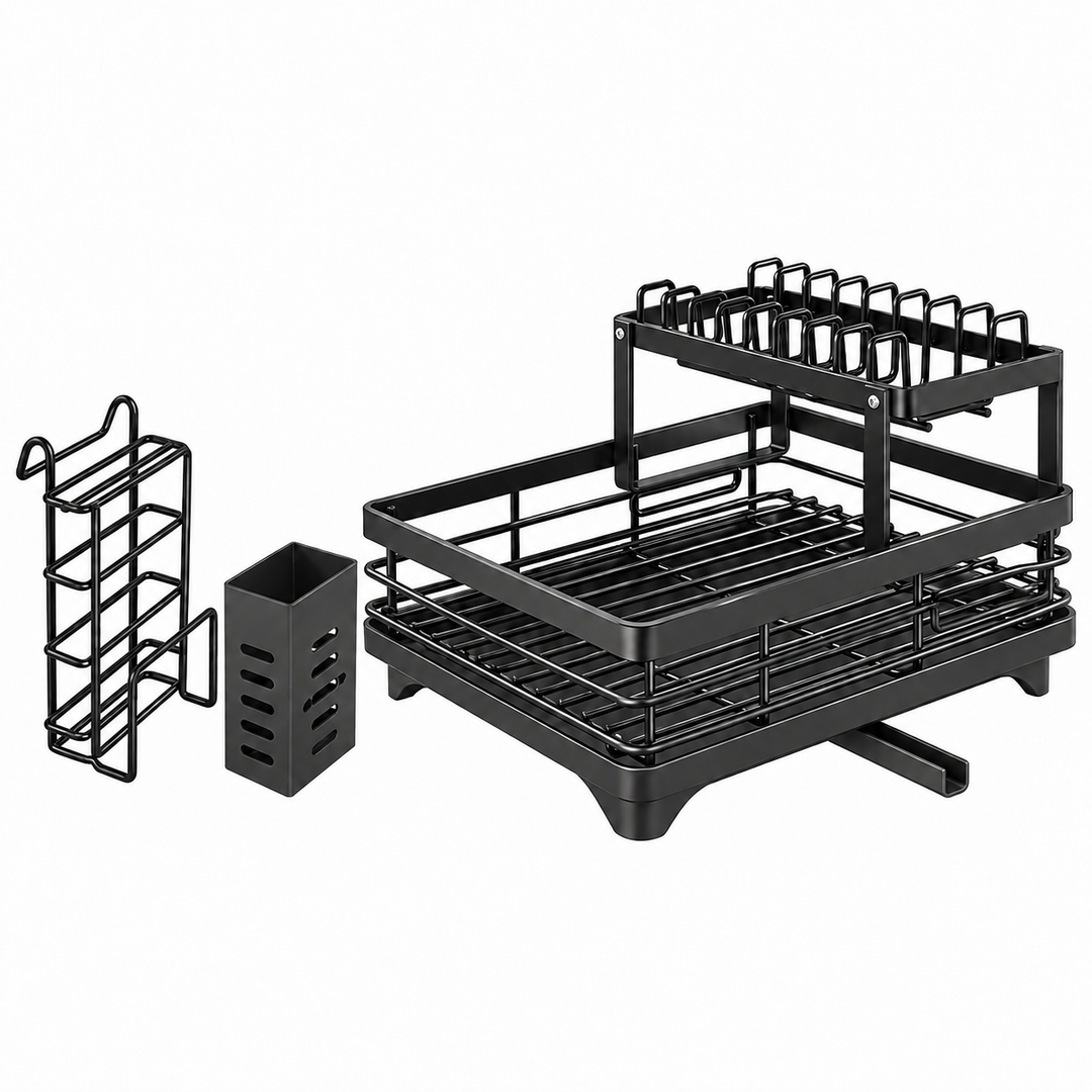Kitchen Storage Dish Rack 2-Tier Coated Steel with 360 Rotating Drain 13