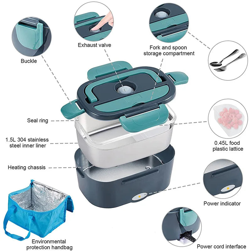 Elektrische Lunchbox Edelstahl mit Heizfunktion 220V/12V | Dunkelblau/Grün | Warmes Essen im Büro, Auto &amp; unterwegs 3