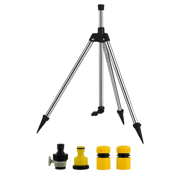 Adjustable Tripod Lawn Sprinkler | 360° Coverage | 53–90cm Height | Stainless Steel &amp; ABS | Hose Adapters Included