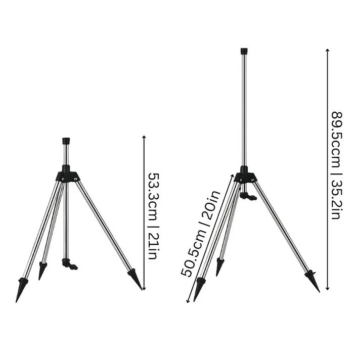 Adjustable Tripod Lawn Sprinkler | 360° Coverage | 53–90cm Height | Stainless Steel &amp; ABS | Hose Adapters Included