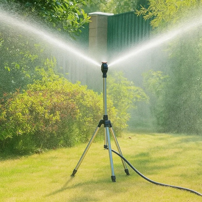 Adjustable Tripod Lawn Sprinkler | 360° Coverage | 53–90cm Height | Stainless Steel & ABS | Hose Adapters Included