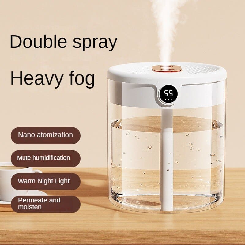 Air Humidifier 2L Tank | Dual Mist Outlets, Digital Display & Ambient Light | Even Humidification for Larger Rooms