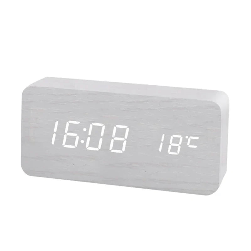 Digital LED Alarm Clock Wood Desk Clock | Adjustable Brightness & Temperature Display | Multiple Alarm Settings 2
