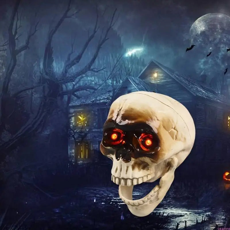 Animated Halloween Skeleton Head | Flashing Red Eyes &amp; Moving Jaw | Plastic Halloween Decoration with Built-In Hanging Loop