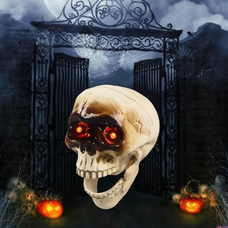 Animated Halloween Skeleton Head | Flashing Red Eyes & Moving Jaw | Plastic Halloween Decoration with Built-In Hanging Loop