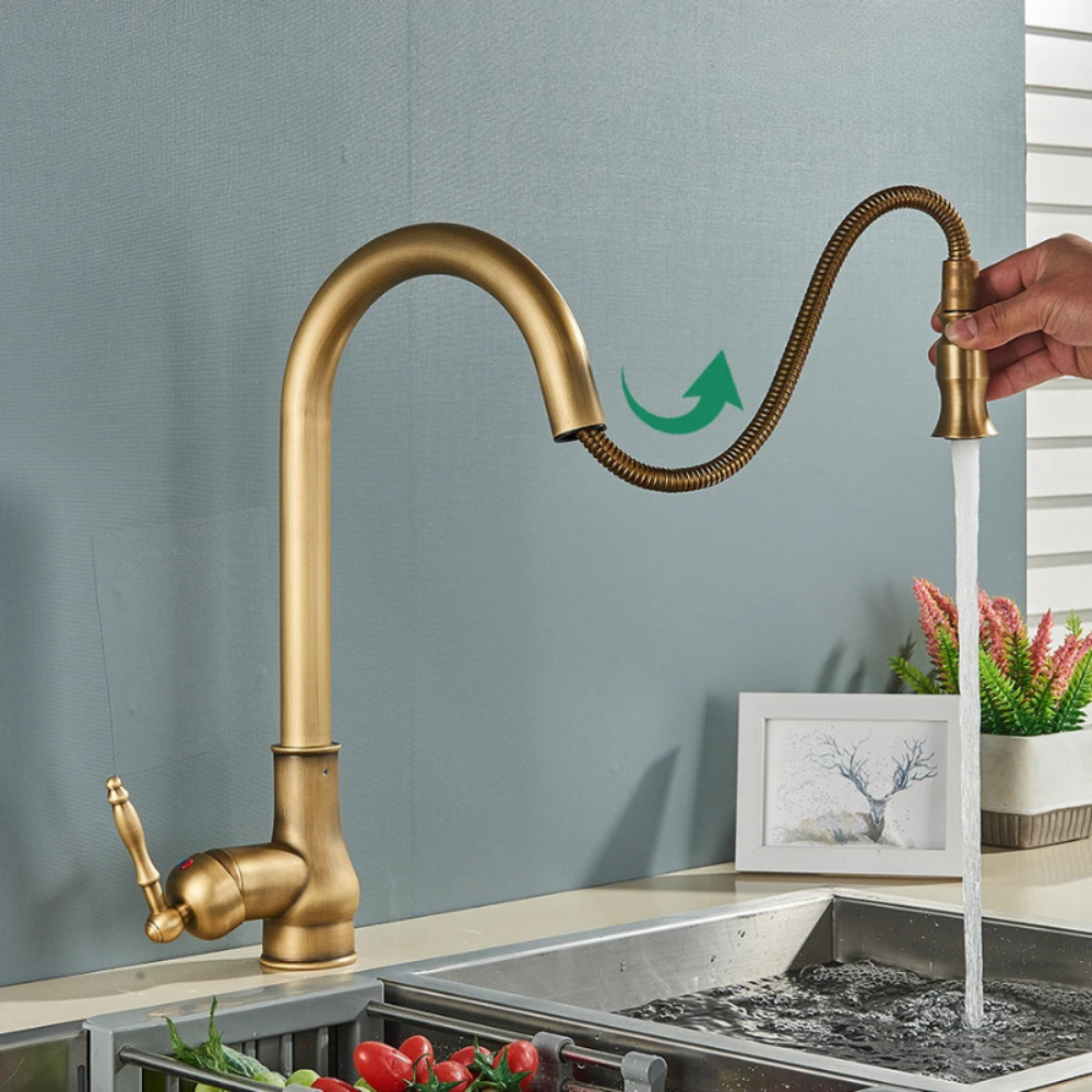 Antique Brass Kitchen Mixer Tap | Swivel Spout & Pull-Out Sprayer | Single Hole | Ceramic Valve