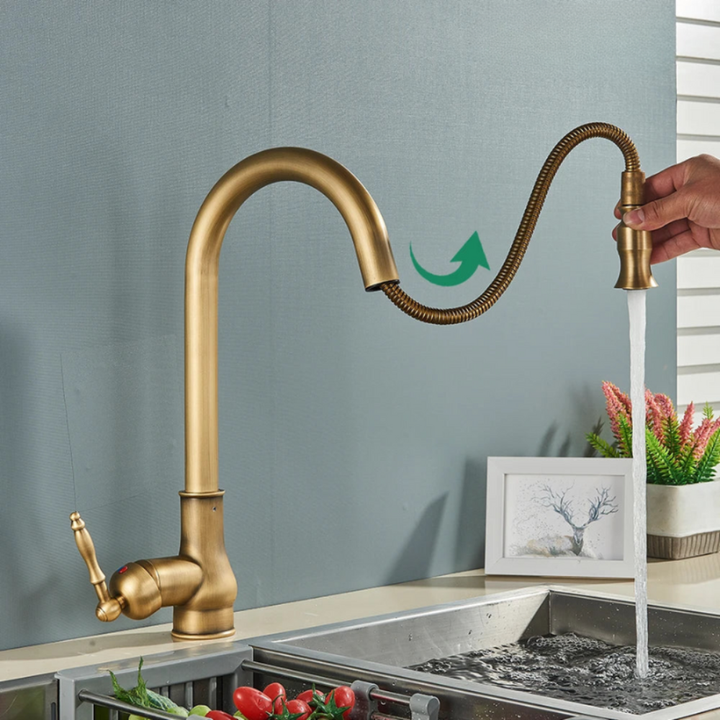 Antique Brass Kitchen Mixer Tap | Swivel Spout &amp; Pull-Out Sprayer | Single Hole | Ceramic Valve