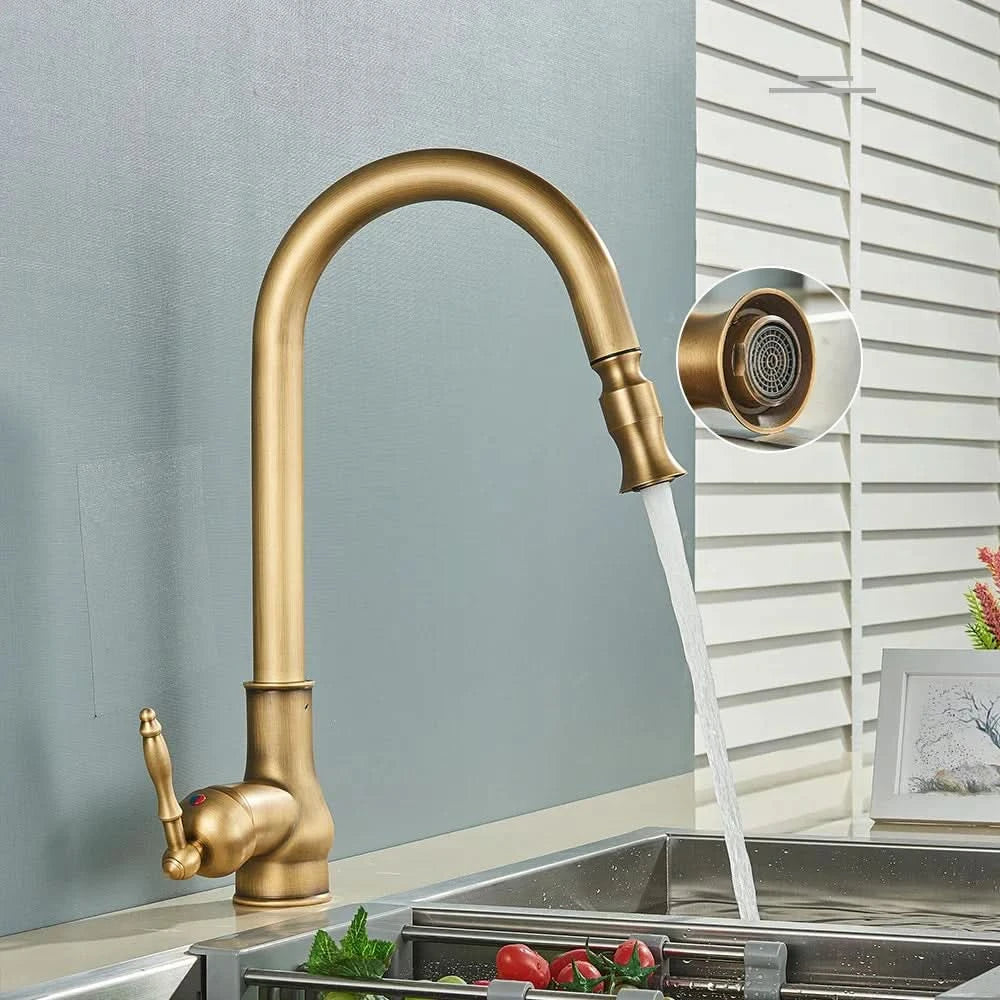 Antique Brass Kitchen Mixer Tap | Swivel Spout &amp; Pull-Out Sprayer | Single Hole | Ceramic Valve