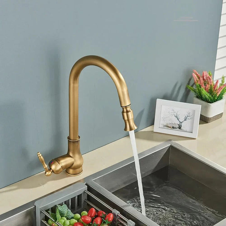 Antique Brass Kitchen Mixer Tap | Swivel Spout &amp; Pull-Out Sprayer | Single Hole | Ceramic Valve