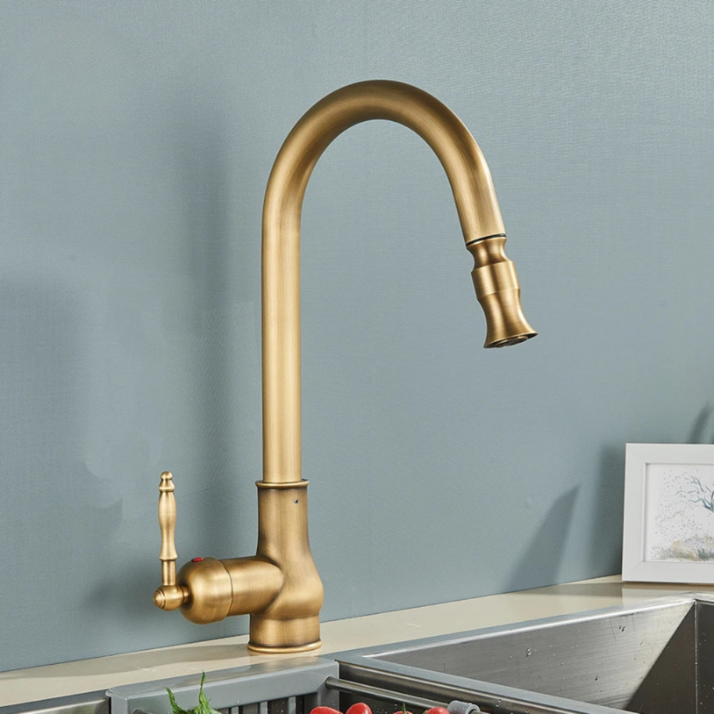 Antique Brass Kitchen Mixer Tap | Swivel Spout & Pull-Out Sprayer | Single Hole | Ceramic Valve