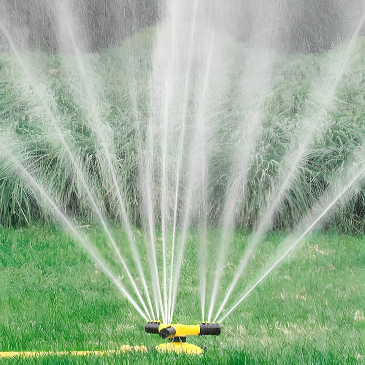 AquaFlow 360° Rotating Garden Sprinkler | 4 Adjustable Nozzles | Expandable | Hose Compatible