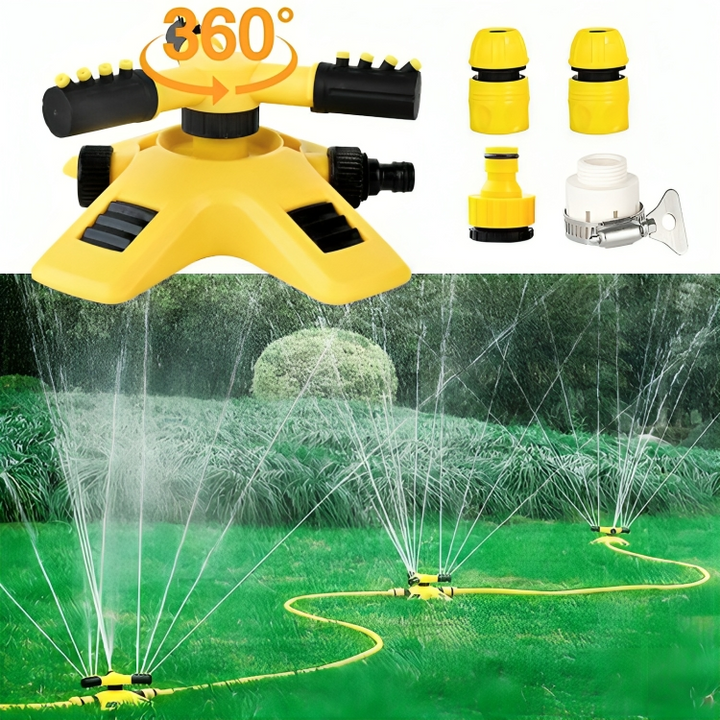 AquaFlow 360° Rotating Garden Sprinkler | 4 Adjustable Nozzles | Expandable | Hose Compatible