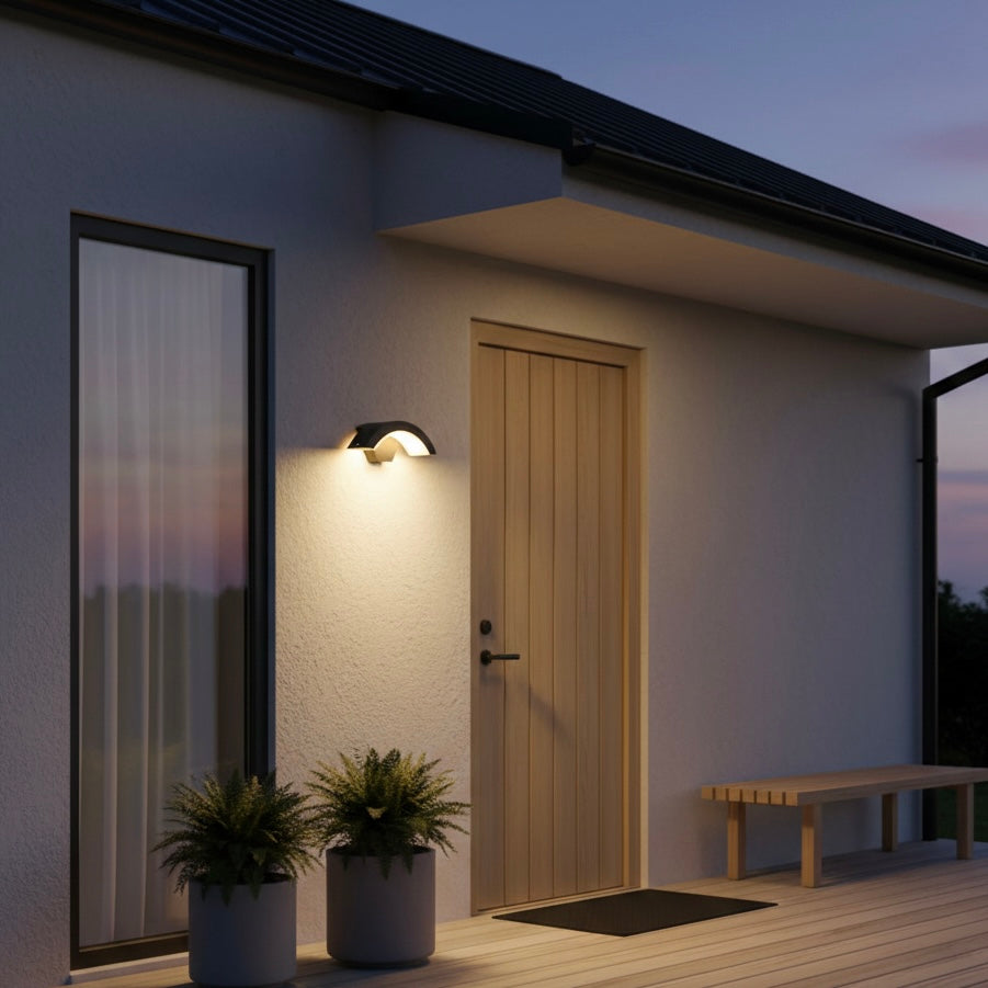 Sleek black metal and acrylic AureliaGlow outdoor wall lantern for exterior lighting.