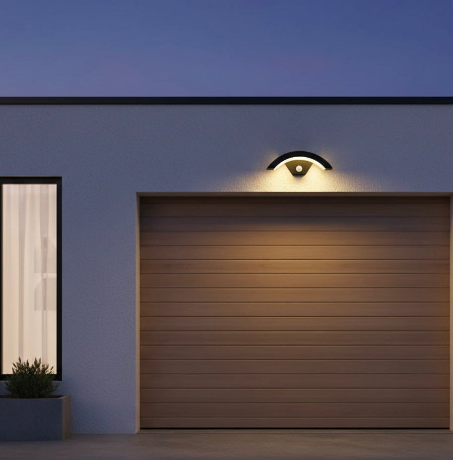 Sleek black metal and acrylic AureliaGlow outdoor wall lantern for exterior lighting.