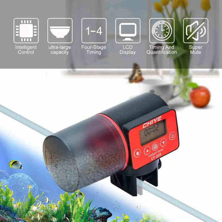Automatic Aquarium Feeder | Programmable Up to 4 Daily Feedings | 200 ml Moisture-Resistant Hopper, Clip or Adhesive Mount