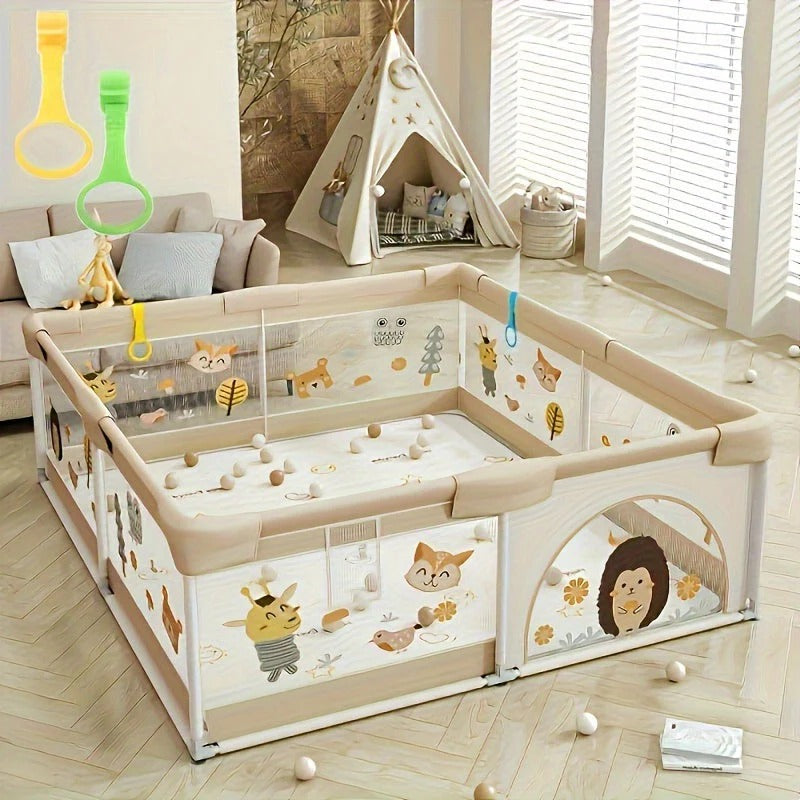 Baby Playpen Enclosure | Animal Print Panels with Interactive Features | Spacious Safe Play Area for Indoor and Outdoor Use