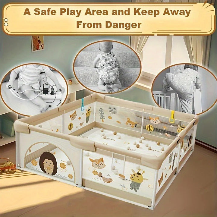 Baby Playpen Enclosure | Animal Print Panels with Interactive Features | Spacious Safe Play Area for Indoor and Outdoor Use