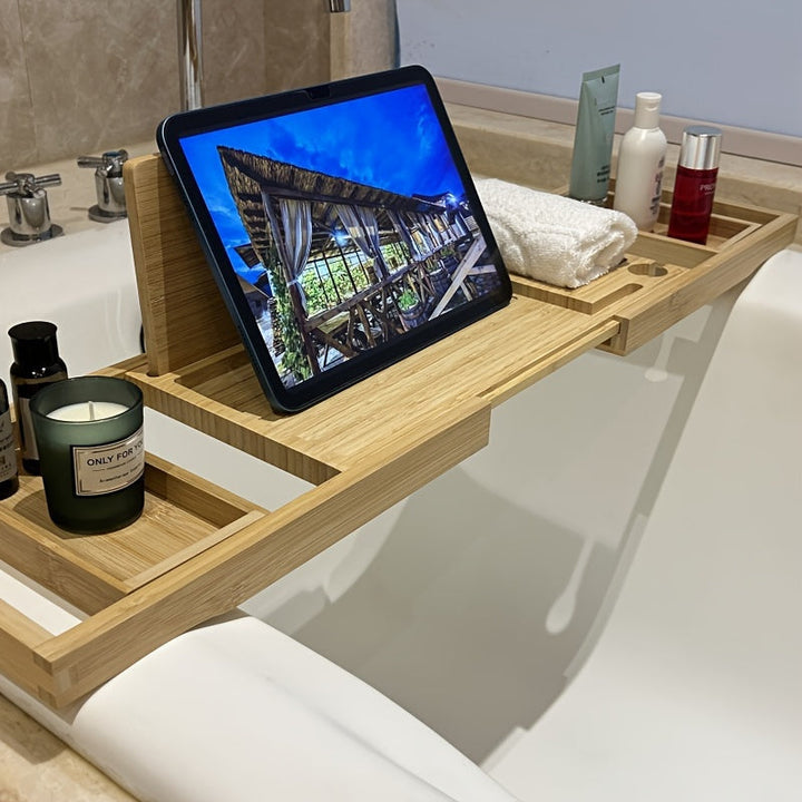 Bamboo Bathtub Tray | Adjustable Design with Multiple Compartments | Fits Most Bathtub Shapes, Space for Books &amp; Drinks