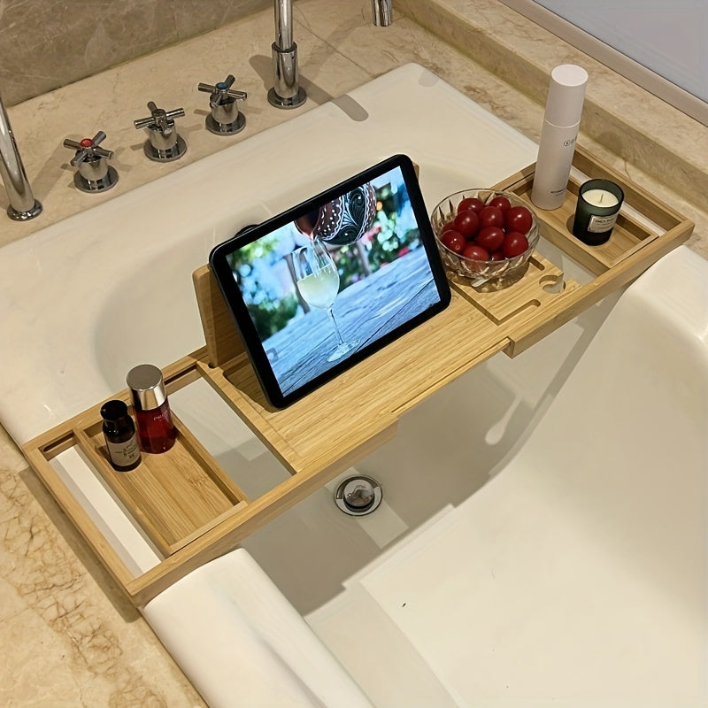 Bamboo Bathtub Tray | Adjustable Design with Multiple Compartments | Fits Most Bathtub Shapes, Space for Books &amp; Drinks