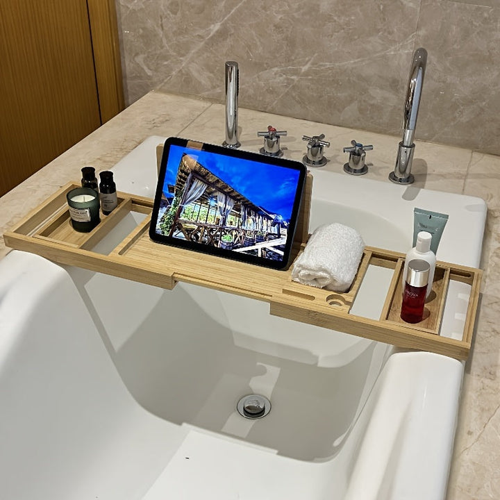 Bamboo Bathtub Tray | Adjustable Design with Multiple Compartments | Fits Most Bathtub Shapes, Space for Books &amp; Drinks