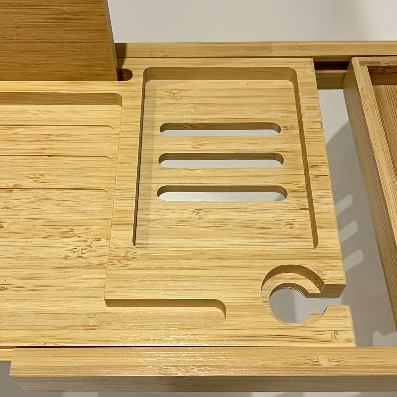 Bamboo Bathtub Tray | Adjustable Design with Multiple Compartments | Fits Most Bathtub Shapes, Space for Books &amp; Drinks