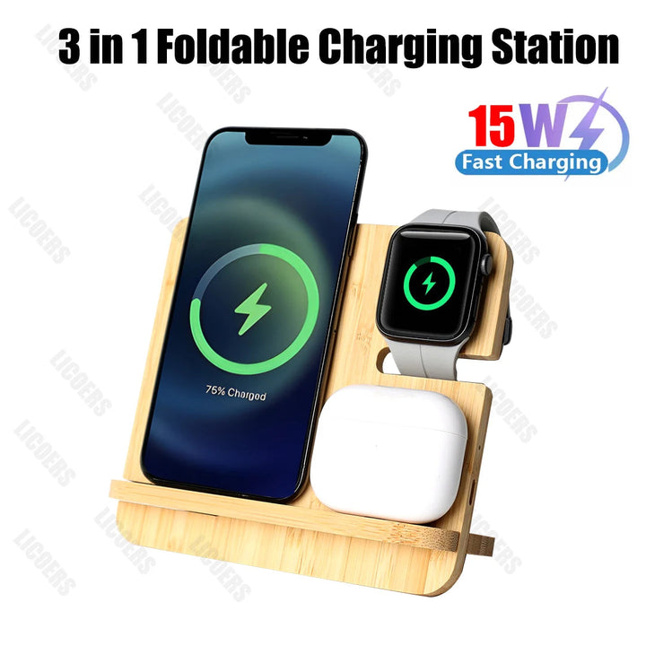 Bamboo Wireless Charging Station 3 in 1 Stand | Eco Charging Dock