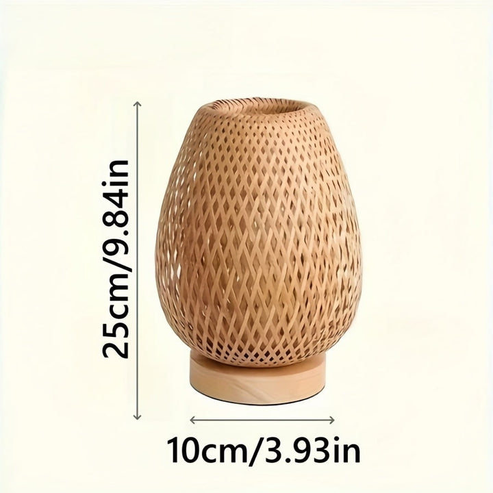 Bamboo Woven Table Lamp with Wooden Base | USB Powered Dimmable LED | Casts Patterned Light Shadows, Inline Dimmer Control